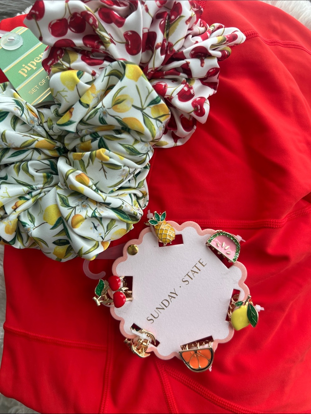 Piper•K  Scrunchie Set with Lemon 🍋& Cherry 🍒Prints & Sunday • State Fruit Clips